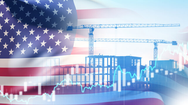 Construction cranes and building site overlaid with American flag and stock market chart, symbolizing US economy, real estate, infrastructure, finance. Construction, Economy, Finance.