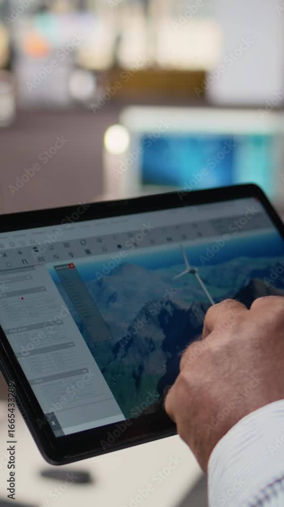 Poster close up of engineer in office using tablet to work on wind turbine cad design, doing sustainable en