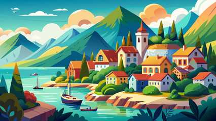 Vector flat landscape illustration of beautiful nature view: sky, mountains, water, cozy European town houses on sea coast. For travel banner, card, vacation touristic advertising, brochure, flayer