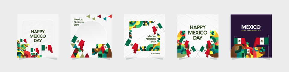 Mexico Independence Day template set. National day poster background with flag and modern geometric design. Social media covers, creative greeting cards, banner, and post
