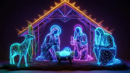 A neon nativity scene with a man, woman, and baby in a manger. The man is kneeling down and the woman is holding the baby