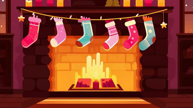 A fireplace with a row of colorful stockings hanging from it. The scene is set in a cozy, warm atmosphere, perfect for the holiday season
