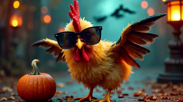 Funny chicken in sunglasses with pumpkin on Halloween night festive background