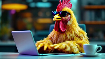 Funny chicken working on laptop with coffee mug in modern office setting - Powered by Adobe