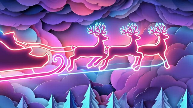 A neon image of Santa Claus riding a sleigh with four reindeer. The image has a festive and joyful mood, as it is a representation of the holiday season