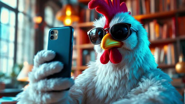 Funny chicken taking selfie with smartphone in library wearing sunglasses