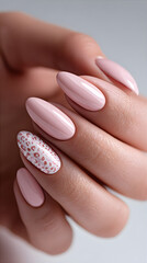 Woman hand with pink manicure and leopard print nail design. Nail art concept for beauty salon advertisement or fashion.