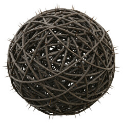 A perfectly spherical ball of densely tangled, dry, thorny vines in dark earthy brown and grey tones, with sharp thorns and lifelike texture, isolated on a plain white seamless background with no