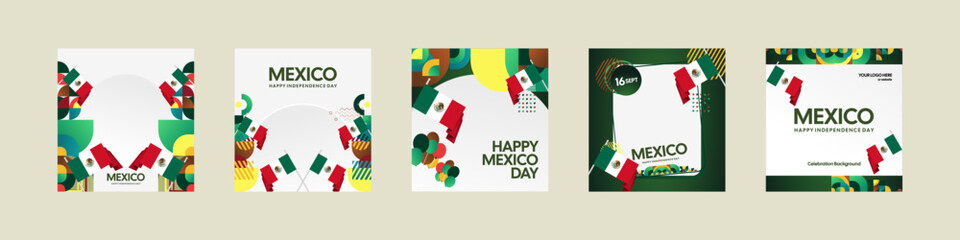 Mexico Independence Day template set. National day poster background with flag and modern geometric design. Social media covers, creative greeting cards, banner, and post