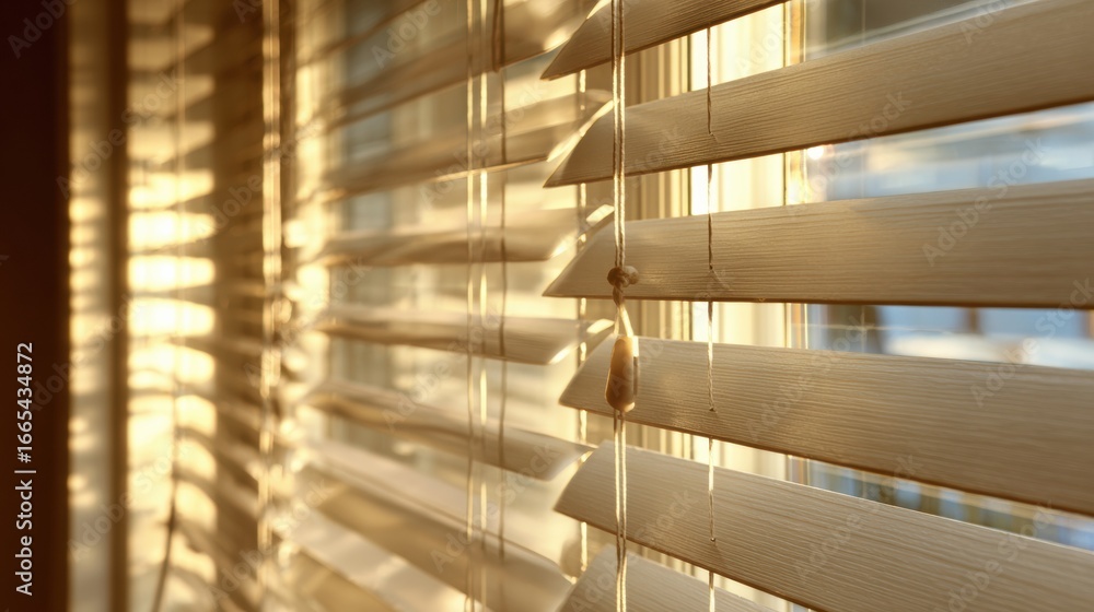 Poster warm sunlight streaming through window blinds creating patterns in a cozy indoor setting during late