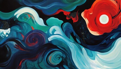 Abstract red, blue, and green fluid shapes create an otherworldly atmosphere with swirling colors. The color palette includes shades of crimson, teal, purple, dark navy, sky blue, black, and white