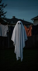 A homemade ghost costume crafted from a white sheet with black eyes hangs on a clothesline at dusk, surrounded by other laundry in a spooky backyard setting.