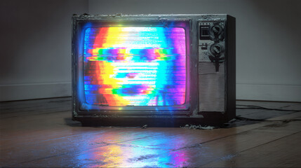 Old vintage television with glitch effect and rainbow colors on dark floor. Retro electronic device with distorted screen. Analog technology art concept with copy space