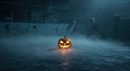 A glowing carved pumpkin sits eerily in the misty, abandoned deep end of a derelict indoor swimming pool with diving boards under dim, moody lighting.