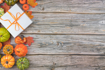 Seasonal composition with colorful mini pumpkins and gift box on wood
