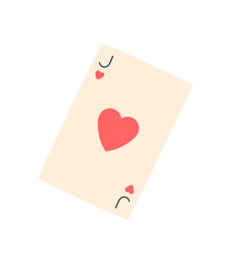 Flat poker playing card with red heart. Cartoon card for boardgame or table play. Hobby and casino fun concept, focusing on entertainment, leisure, and game themes. Isolated design perfect for poker