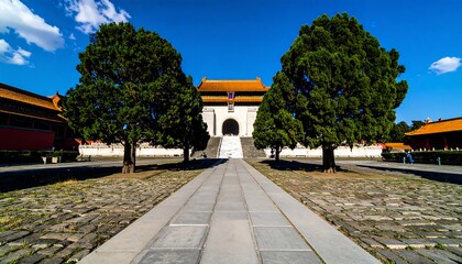 A grand courtyard lined with ancient trees, leading to a historical architecture, under a vibrant blue sky.