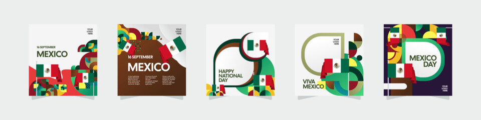 Happy Mexico Independence Day. National Day Celebration design set, cover, and greeting cards with flag. Mexico Independence Day cover background with creative geometric art