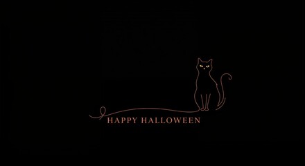 A minimalist Halloween design features a stylized black cat outline with glowing yellow eyes, sitting on an elegant orange-brown line that spells "Happy Halloween" on a dark background.