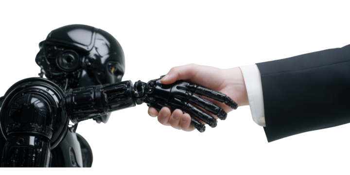 A glossy black humanoid robot shaking hands with a businessman in a formal suit.