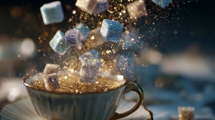 Enchanted sugar cubes dissolving into sparkles in teacup. Magical transformation
