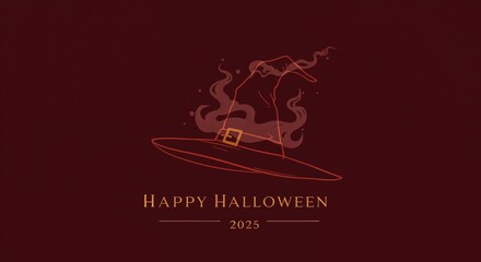 A minimalist graphic illustration depicts a glowing orange witch's hat with smoke rising from its peak, set against a dark red background with "Happy Halloween 2025" text.