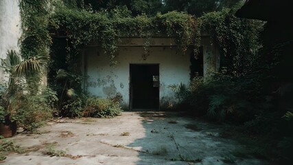 Abandoned rustic house with overgrown vegetation. Eerie atmosphere in deserted courtyard. Urban exploration concept. Mysterious and forgotten place with green ivy