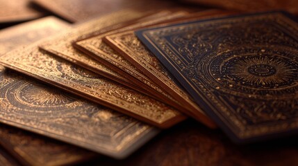 Fototapeta premium Ornate tarot cards fanned out with golden edges in mystical cafe