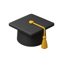 A black graduation cap with a yellow tassel, symbolizing academic achievement and the completion of studies isolated on transparent background