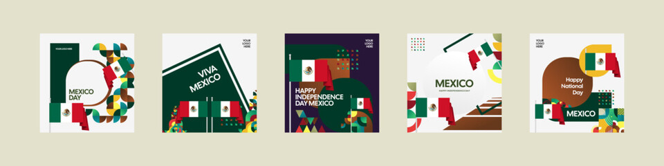 Happy Mexico Independence Day. National Day Celebration design set, cover, and greeting cards with flag. Mexico Independence Day cover background with creative geometric art