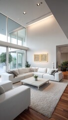 Fototapeta premium Modern, bright living room with white furnishings and large windows