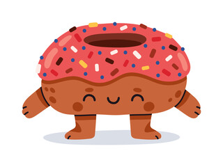 Cartoon donut character. Cute glazed doughnut with cute face, sweet pastry fritter character flat vector illustration. Comic donut mascot with funny emotions