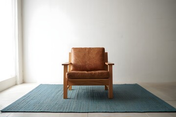 A vintage brown leather armchair sits on a textured blue rug in a minimalist room with natural light