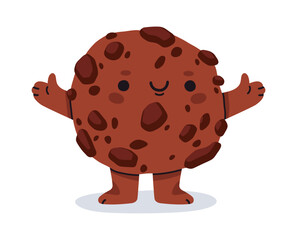 Cookie character. Cartoon chocolate chip cookie with cute face, oatmeal biscuit character flat vector illustration. Comic cookie mascot with funny emotions
