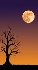 A stark black silhouette of a gnarled leafless tree stands against an ominous gradient sky with a large textured orange full moon.