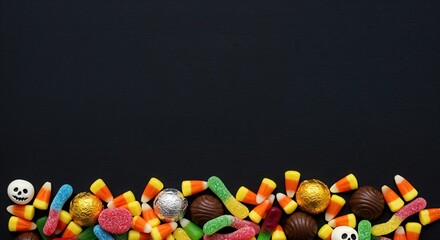 A vibrant minimalist top-down flat lay of assorted colorful candies, including candy corn, gummy worms, chocolates, and sugar skulls, arranged on a dark textured background with ample copy space.