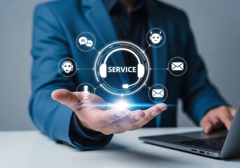 A male in a blue suit extends his hand, showcasing a digital customer service interface with various communication icons.