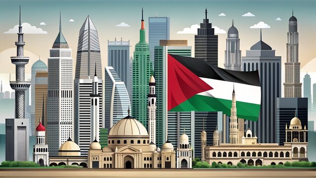 Photo of palestine flag waving in front of a modern cityscape with skyscrapers and traditional islamic architecture, symbolizing national identity and heritage