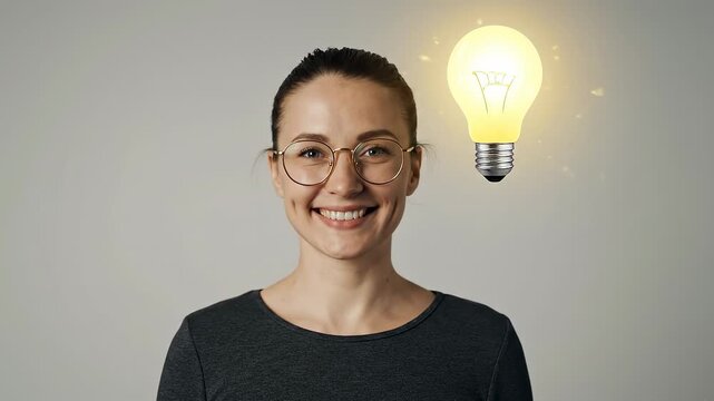 Creative Woman with Glasses Has a Sudden Eureka Moment of Inspiration with a Glowing Lightbulb.