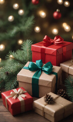 Christmas gift boxes with ribbons under decorated tree lights Generative AI