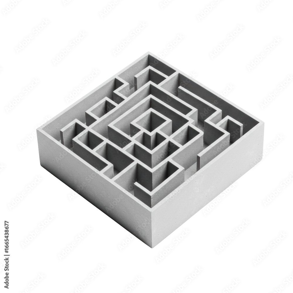 Poster miniature, intricate, light grey polished concrete labyrinth model with high unbroken walls and no e
