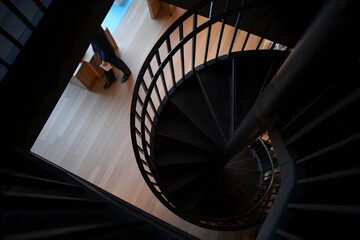 Fototapeta premium Modern dark metal spiral staircase with wooden steps leading down into shadow