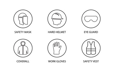 Fototapeta premium Personal protective equipment (PPE) minimal and black stroke vector icon set for industrial safety based on OSHA standards