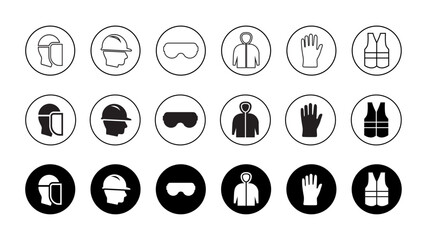 PPE personal protective equipment black and white vector icon set with stroke silhouette and filled version for industrial safety based on OSHA norms