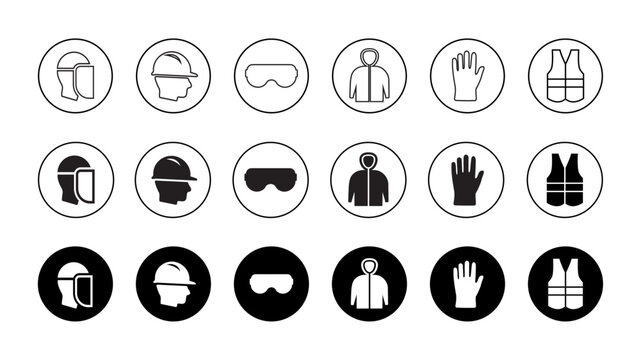 PPE personal protective equipment black and white vector icon set with stroke silhouette and filled version for industrial safety based on OSHA norms