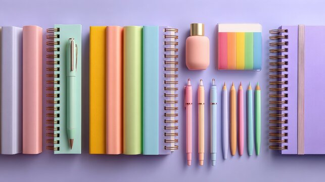 Pastel stationery collection, various notebooks, pens, and art supplies on a purple background