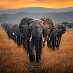 Fototapeta premium Elephant herd moving in a perfect line across the open savanna, stunning symmetry, cinematic depth, breathtaking wildlife composition, rich natural tones, 8K resolution 