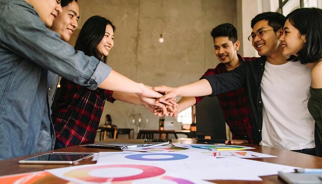 Diverse group joining hands in a modern office