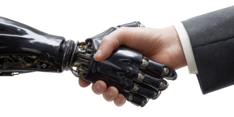 Close-up of a human hand shaking a glossy black robotic hand with exposed inner mechanics.