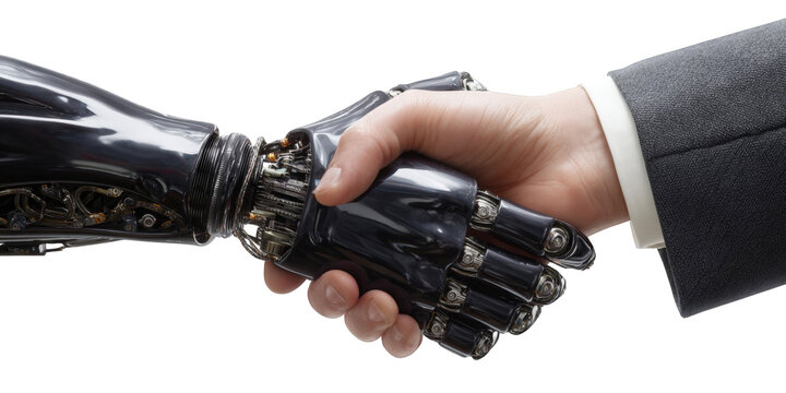 Close-up of a human hand shaking a glossy black robotic hand with exposed inner mechanics.